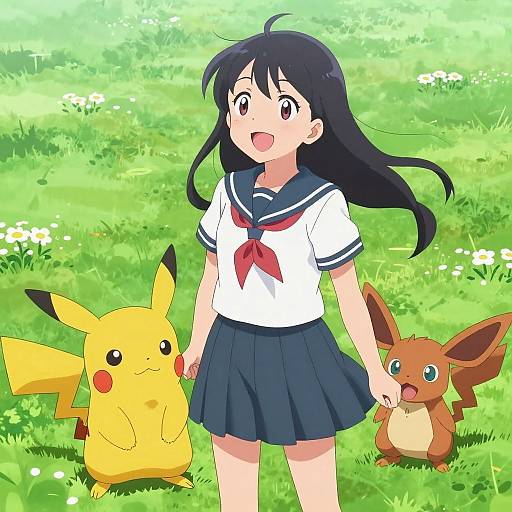 Smiling Anime Girl with Pikachu and Dedenne