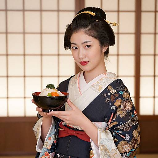 Photograph of an East Asian woman in a traditional black floral kimono, holding a bowl of colorful vegetables, with a bright, grid-patterned window