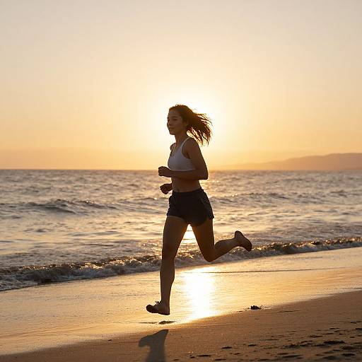 Photograph of a silhouetted woman jogging on a beach at sunset, wearing a white crop top and black shorts, with the sun and ocean