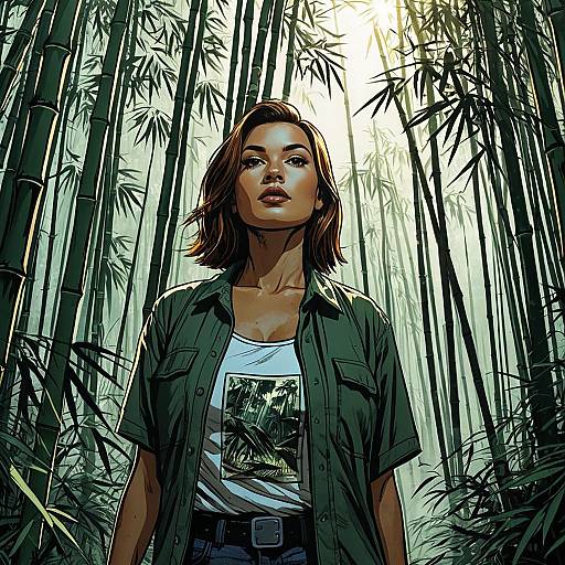 Sunlit Bamboo Forest Woman Illustration