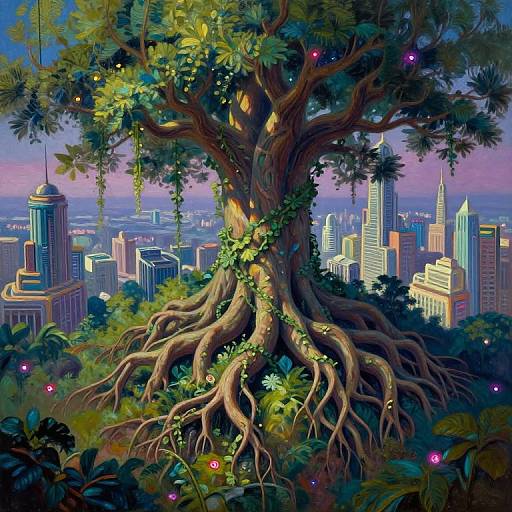 Digital illustration of a massive, gnarled tree with vines, surrounded by a vibrant cityscape at sunset, blending nature and urban elements.