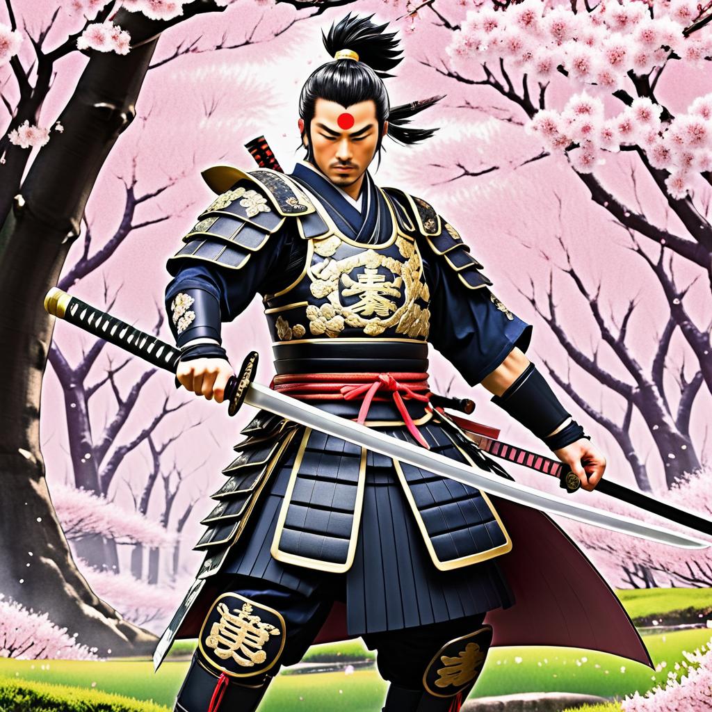 Fierce Samurai Warrior in Cherry Blossom Grove