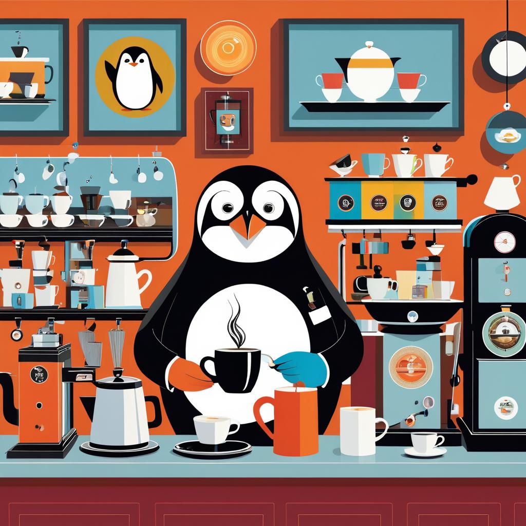 Whimsical Penguin Barista in Eclectic Café