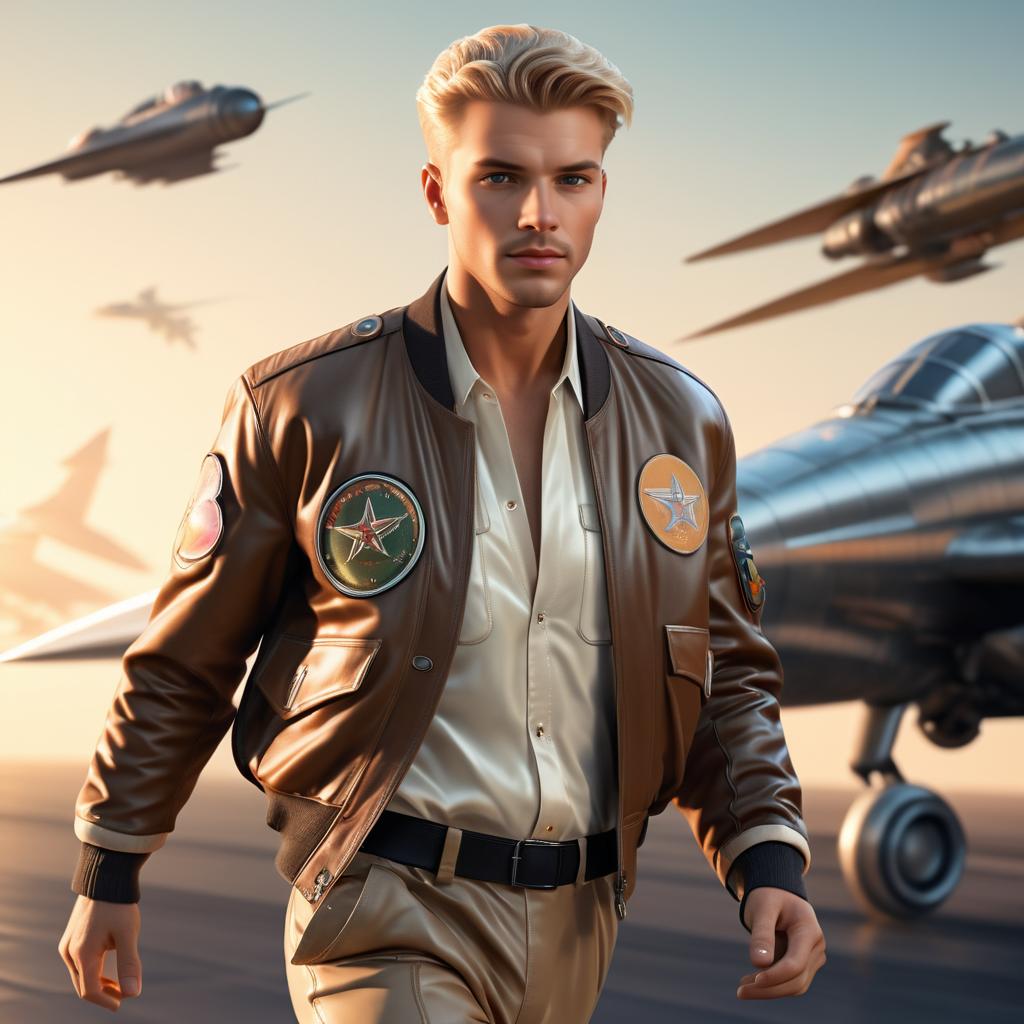 Vintage Retro Futuristic Man by Fighter Plane