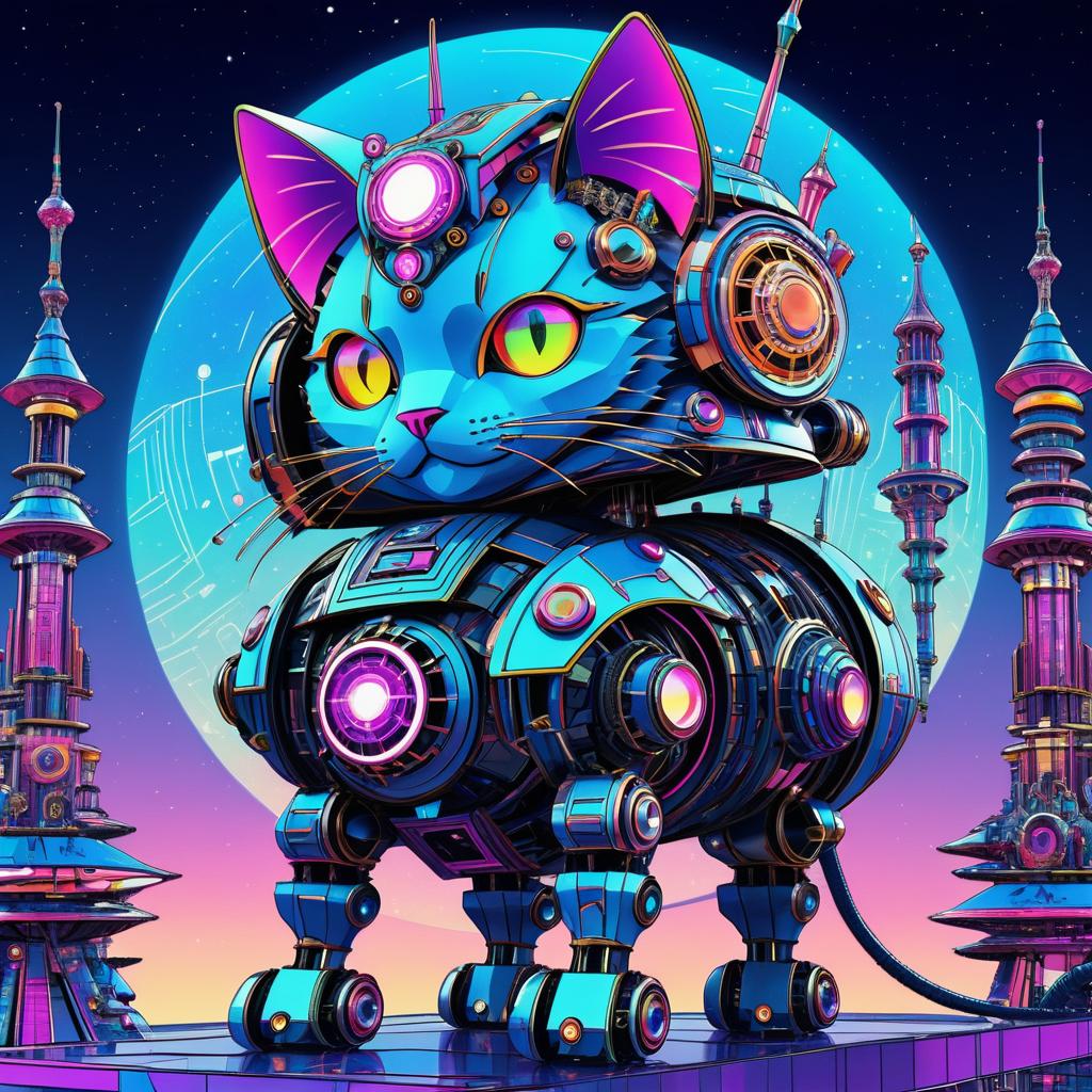 Futuristic Droid Cat Castle in Space