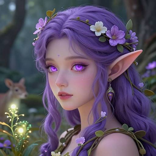 Digital fantasy artwork of a fair-skinned elf woman with purple hair, pointed ears, glowing purple eyes, wearing a flower crown, in a magical forest
