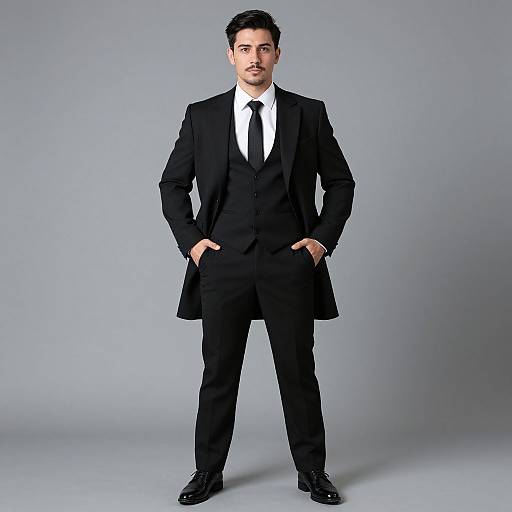 Photograph of a handsome man with dark hair, light skin, and a trimmed beard, wearing a black suit, white shirt, and black tie,