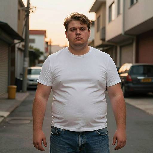 Photograph of a heavyset Caucasian man with short brown hair, wearing a white t-shirt and blue jeans, standing in an urban alleyway during sunset