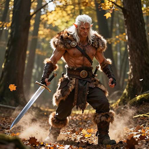 White-Haired Elf Warrior in Autumn Forest