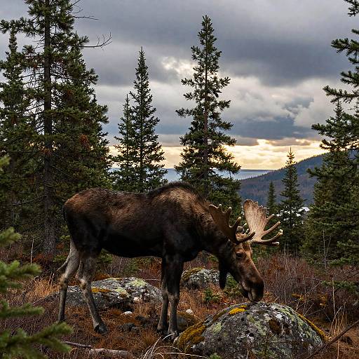 Photograph of a large, dark brown moose with prominent antlers grazing on rocks in a dense forest with tall pine trees and a cloudy, sunset