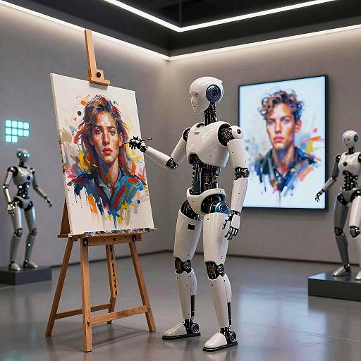 Humanoid Android Artist in Modern Gallery