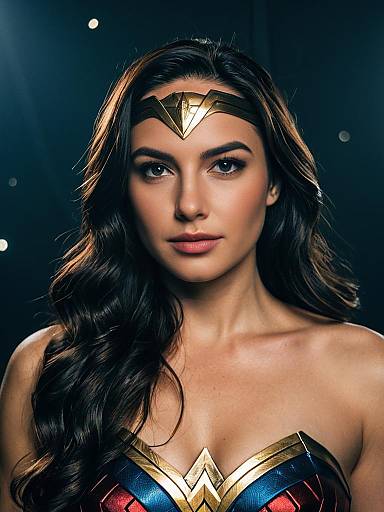Photograph of a beautiful woman with long, wavy brown hair, wearing Wonder Woman's iconic gold tiara, red and blue star-spangled bust
