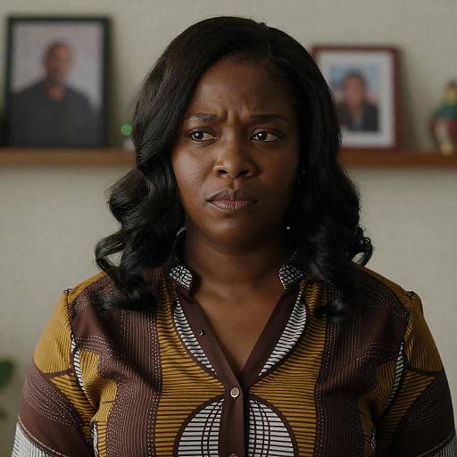 Serious Black Woman in Patterned Blouse