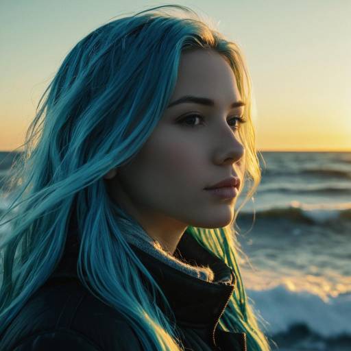 Woman with Icy Blue Hair at Sunrise by Ocean