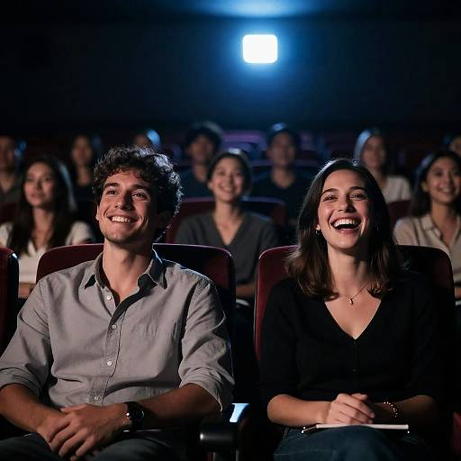 Laughing Couple in Dimly Lit Theater