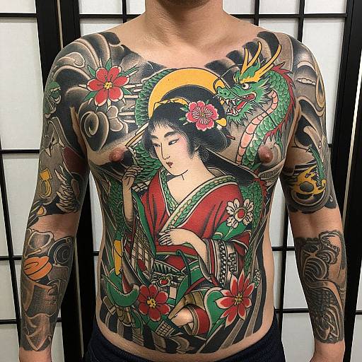 Tattooed Asian man, shirtless, detailed Japanese-style chest and arm tattoos, dragon, woman, flowers, traditional red kimono, black