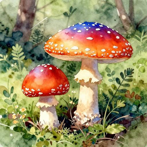 Watercolor Fly Agarics in Forest
