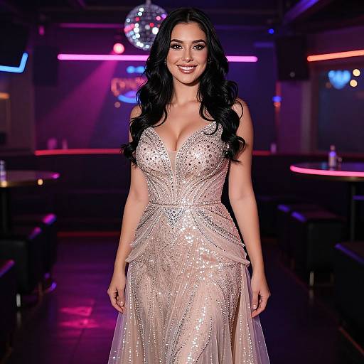 Photograph of a smiling woman with long black hair, wearing a sparkling, deep V-neck, floor-length, silver sequin gown, standing in a