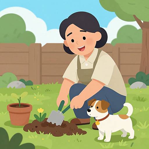 Digital illustration of a smiling woman with black hair, wearing a white shirt and blue overalls, planting with a shovel beside a small brown and white dog