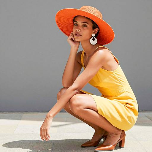 Stylish Squatting Woman in Bright Attire