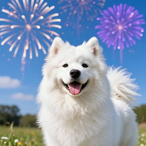 Joyful Samoyed with Summer Fireworks