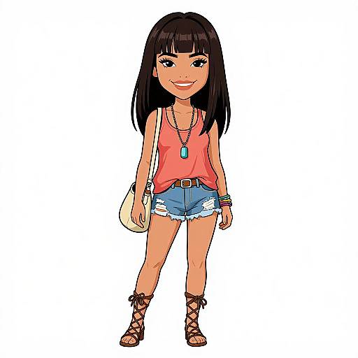 Digital illustration of a cute, smiling Asian girl with long black hair, wearing a red tank top, denim shorts, lace-up sandals, and accessories,