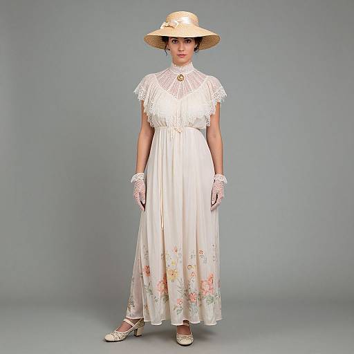 Photograph of a woman in a white, lace-trimmed, floral-embroidered dress, cream gloves, wide-brimmed straw hat