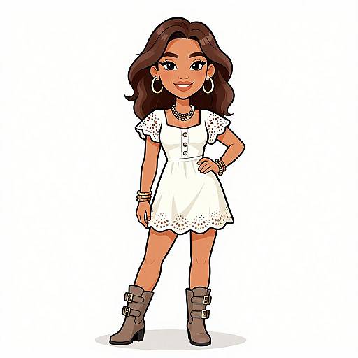 Cartoon illustration of a confident woman with long brown hair, wearing a white dress, hoop earrings, bracelets, necklace, and brown boots.