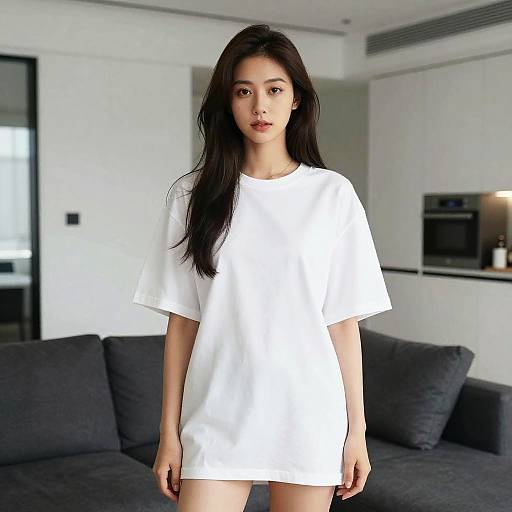 Photograph of an Asian woman with long black hair, wearing a loose white t-shirt, standing in a modern, minimalist living room with gray couch and