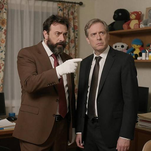 Photograph of two men in suits; bearded man with white glove pointing, serious expression, older man standing beside him, stuffed toys on shelf in