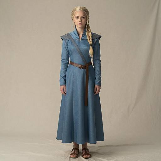 Young Woman in Blue Medieval-Style Dress