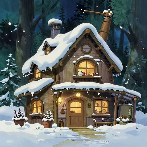 Whimsical, snow-covered wooden cottage with glowing windows, set in a dark, enchanted forest at night, illuminated by warm, inviting light. Digital