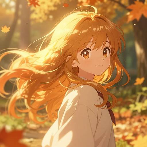 Digital anime-style drawing of a smiling girl with long, flowing orange hair, wearing a white shirt, standing in a sunlit, autumn forest with bright