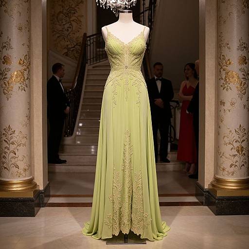 Photograph of a vintage-style, floor-length, lime green lace gown on a mannequin in an elegant, dimly lit ballroom. Background