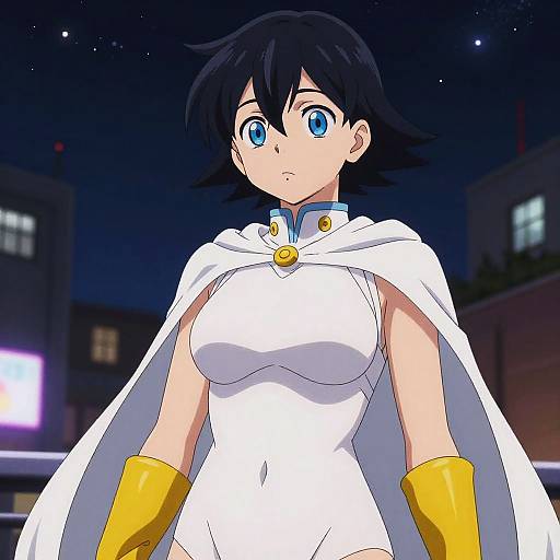 Anime-style drawing of a blue-eyed girl with black hair, wearing a white dress, yellow gloves, and a white cape, against a night sky.
