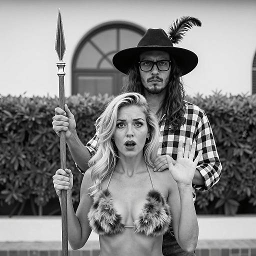 Black and White Photo of Woman with Fur Bikini and Man with Spear