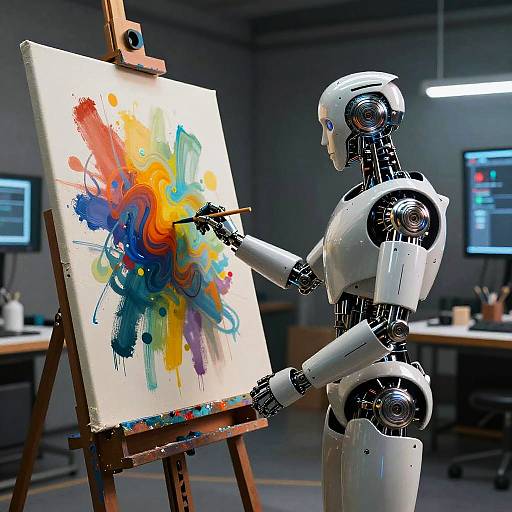 Photograph of a white humanoid robot painting a vibrant abstract painting with colorful splashes on an easel in a modern, dimly lit studio.