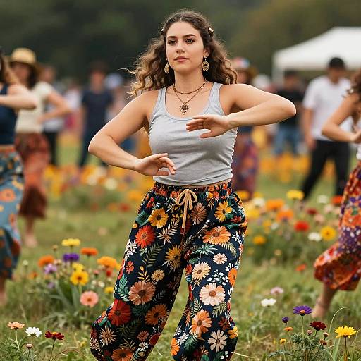 Bohemian Woman Dancing in Flower Meadow
