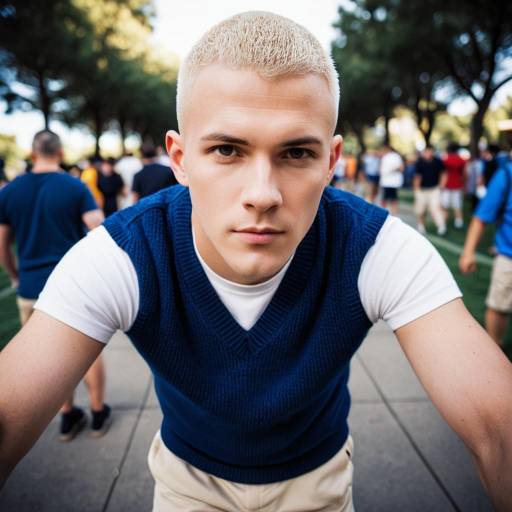 Young Man in Navy Blue Knit Vest and Beige Shorts