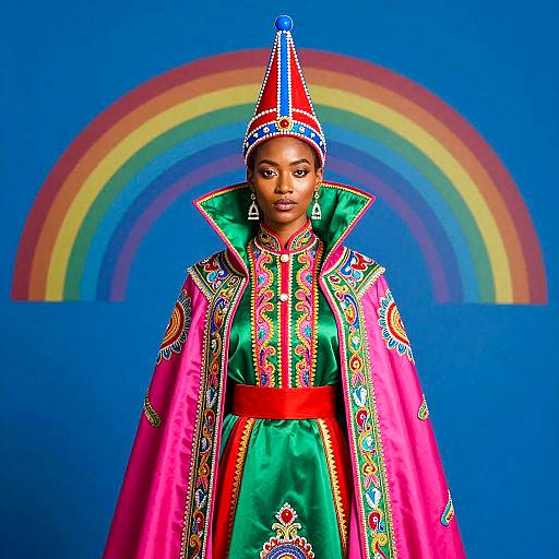 Woman in Colorful Traditional Outfit with Tall Headdress
