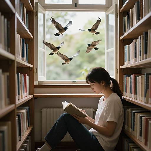 Photograph of a young woman with black hair in a ponytail, reading a book in a narrow bookshelf-lined study window, with seven birds flying