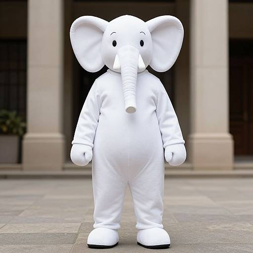 Photograph of a white, cartoon-style elephant costume with black eyes and a trunk, standing on a stone-paved sidewalk in front of a building with