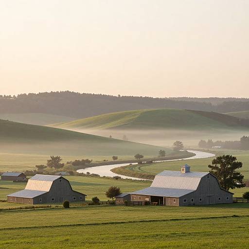 Photograph of a serene rural landscape with rolling green hills, misty valleys, winding river, and three silver-roofed barns in the foreground