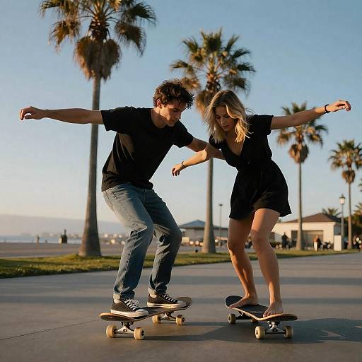 Sunset Skateboarding Couple by Palm Trees