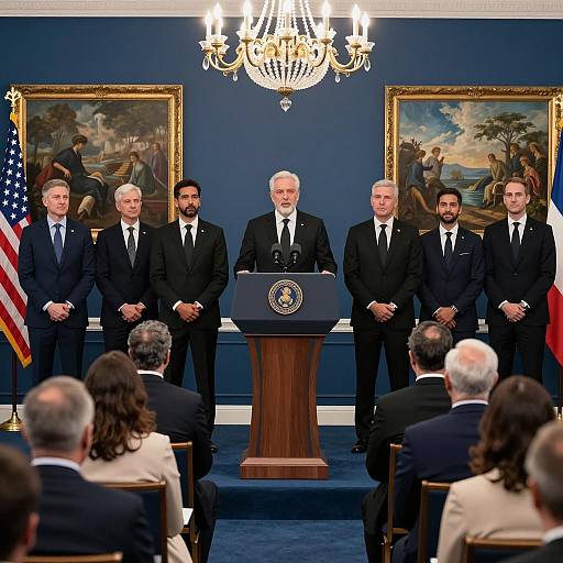 Formal Press Conference with Black-Suited Men