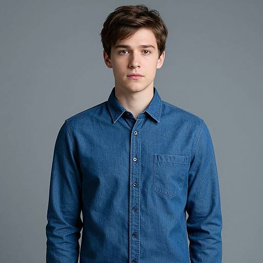 Photograph of a young Caucasian man with short brown hair, wearing a blue denim shirt, standing against a plain gray background.