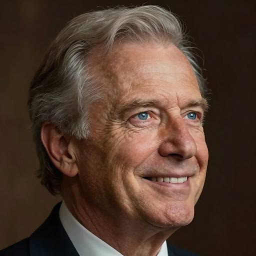 Photograph of an elderly man with gray hair, blue eyes, and a warm smile, wearing a black suit and white shirt, against a dark background