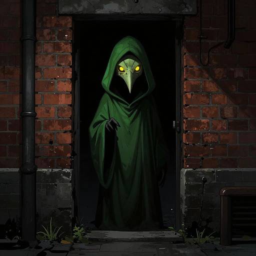 Digital artwork of a green-robed, glowing-eyed plague doctor standing in a dark, brick-walled doorway, with urban decay elements.