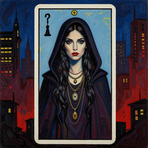 Digital art of a pale, dark-haired woman with red lips, wearing a black hooded cloak and layered gold necklaces, set against a night city