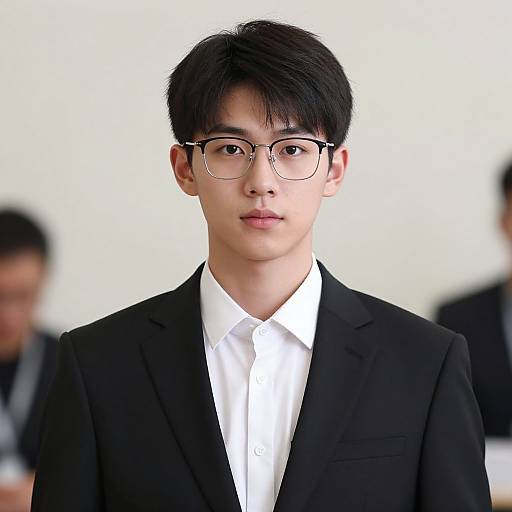 Photograph of an Asian man with black hair, glasses, and black suit, wearing a white shirt, standing against a blurred white background.